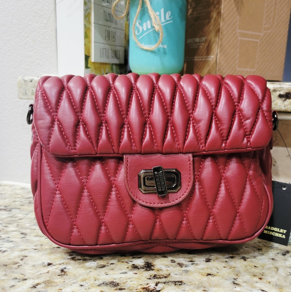 Badgley Mischka Burgundy Quilted Vegan Leather Shoulder Bag